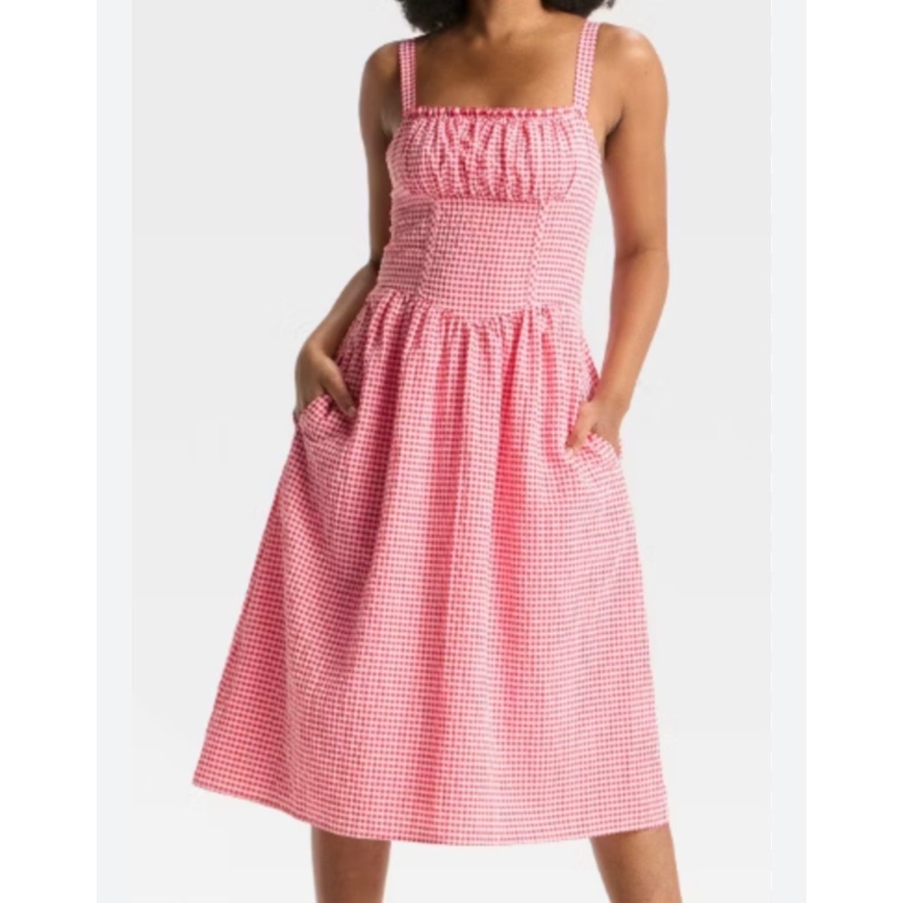 Wild Fable Red Gingham Midi Dress XS NWT Smocked Back Pockets Cottagecore Summer